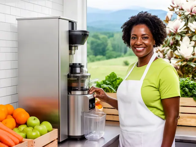A smiling juice-bar owner beside her new stainless cold-press juicer with crates of fruit.