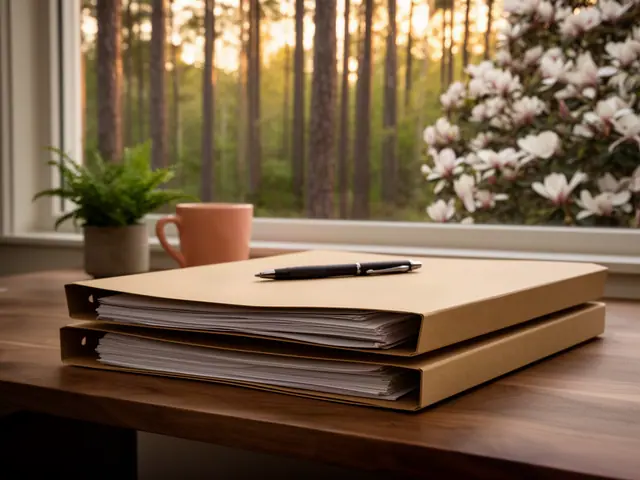 Closed kraft folders with a pen on a desk by a window onto pines and a blooming magnolia.