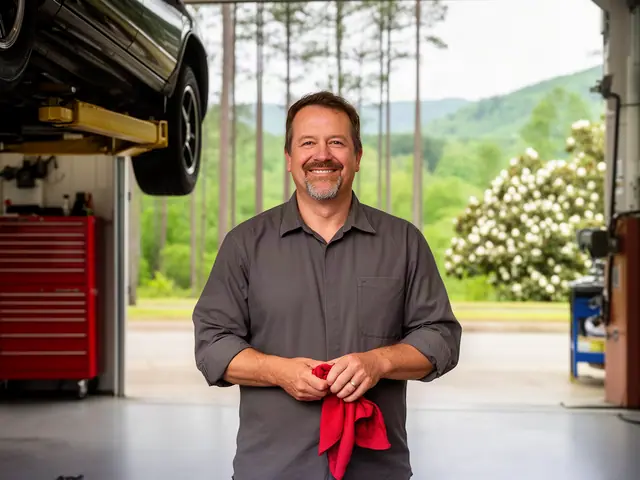 A smiling mechanic with a red rag in his garage, pines and hills through the bay door.