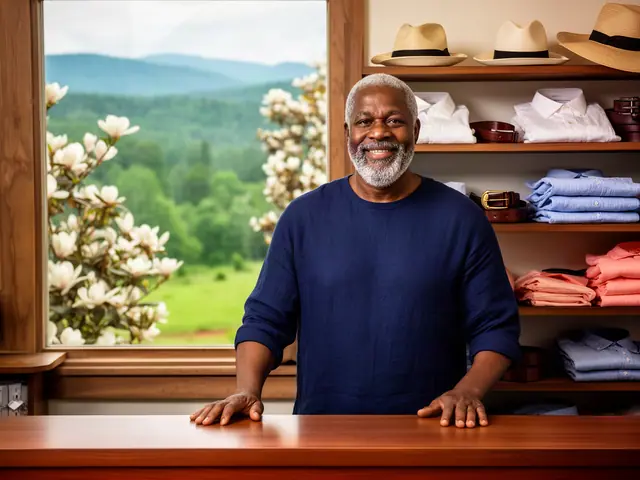 A smiling menswear shop owner behind his counter with folded linen shirts and straw hats.